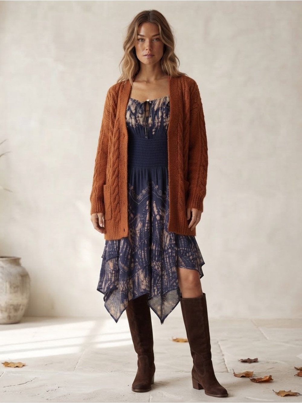 Smocked Navy Tie-Dye Asymmetrical Midi Dress Embroidered